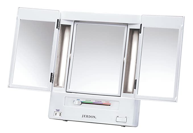 Jerdon Tri-Fold Two-Sided Lighted Makeup Mirror with 5X Magnification, White Finish