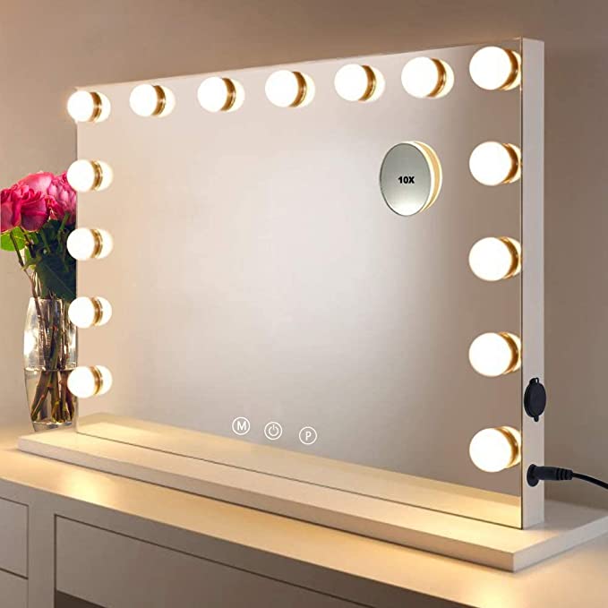 OMPEN Vanity Mirror Makeup Mirror with Lights,Large Hollywood Lighted Vanity Mirror with 15 Dimmable LED Bulbs ,3 Color Modes, Touch Control for Dressing Room & Bedroom, Tabletop or Wall-Mounted