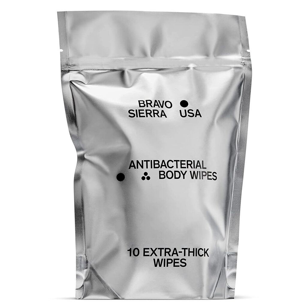 Body Wipes by Bravo Sierra - 10 Individually Wrapped Extra Thick Biodegradable Shower Wipes with Benzalkonium Chloride & Aloe Vera