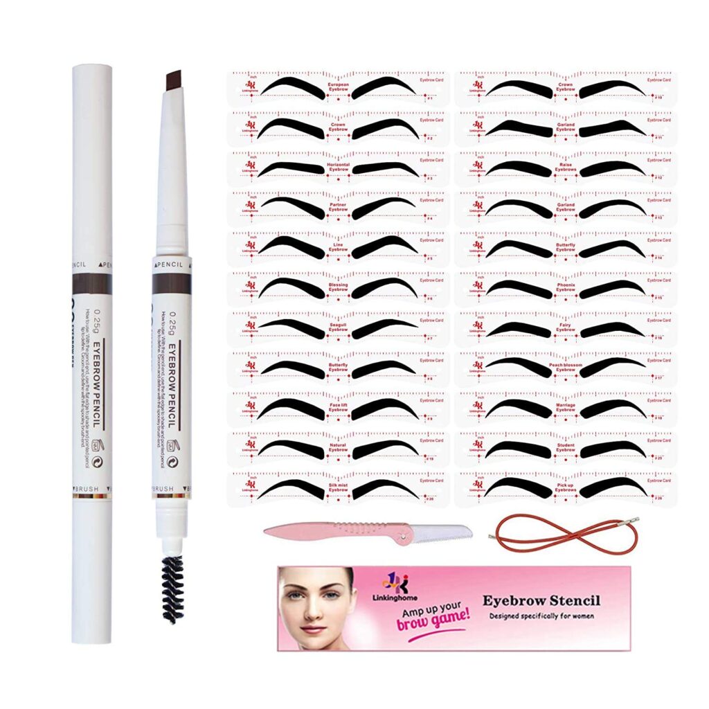 Linkinghome Eyebrow Stencil & Eyebrow Pencil, 30 Eyebrow Shaper Kit, Reusable Eyebrow Template With Strap & Eyebrow Razor, Waterproof Eyebrow Pen