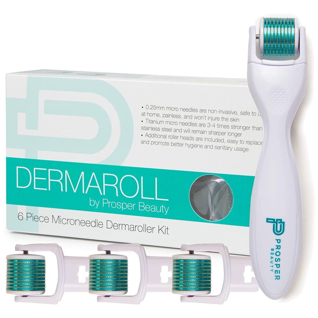 Derma Roller Microneedle 6 Piece Kit [DERMAROLL by Prosper Beauty] Face Roller with 4 Replaceable Heads Exfoliation Microdermabrasion Micro Derma Skin Care