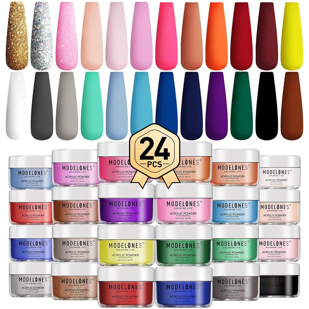 Modelones Acrylic Powder Set 24 Color Princess Charming, Colored Acrylic Nail System Nail Art Powder for Nail Extension French Nails 3D Flowers