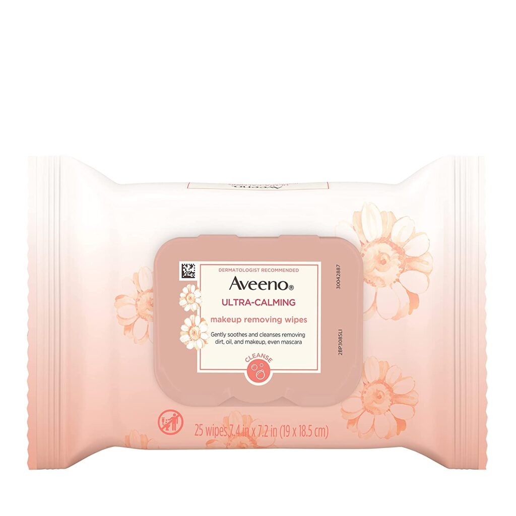 Aveeno Ultra-Calming Makeup Removing Facial Cleansing Wipes with Calming Feverfew Extract, Oil-Free Soothing Face Wipes for Sensitive Skin, Nourishing