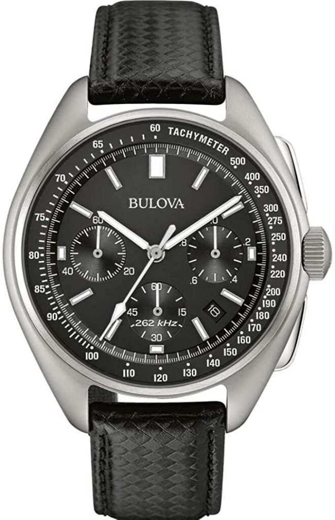 Bulova Archive Series Mens Watch, Stainless Steel with Black Leather Strap Lunar Pilot Chronograph , Silver-Tone