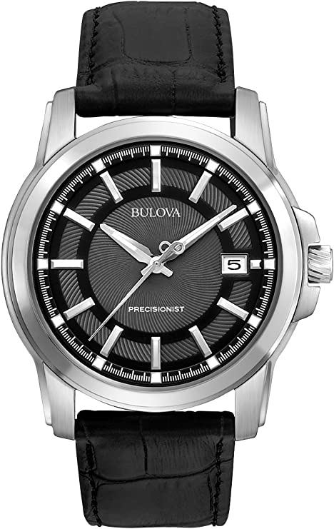 Bulova Precisionist Men's Watch, Stainless Steel Case with Black Leather Strap, Date