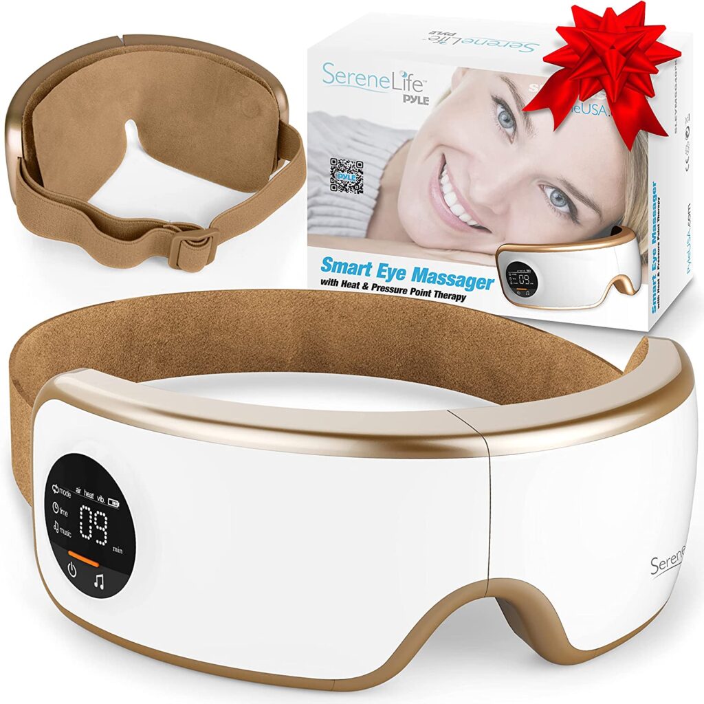 Eye Massager with Heat and Compression - Smart Eye Massager for Migraines and Stress Therapy - Wireless Heated Mask w/ Music, Built-in Battery