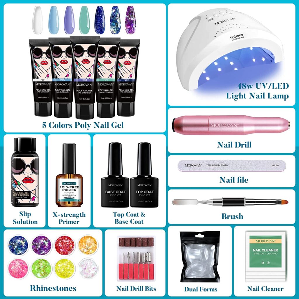 Morovan Poly Gel Nail Kit with Lamp and Drill Starter Kit - Professional Poly Gel Kits with Light 48W Complete Poly Nail Gel Kit