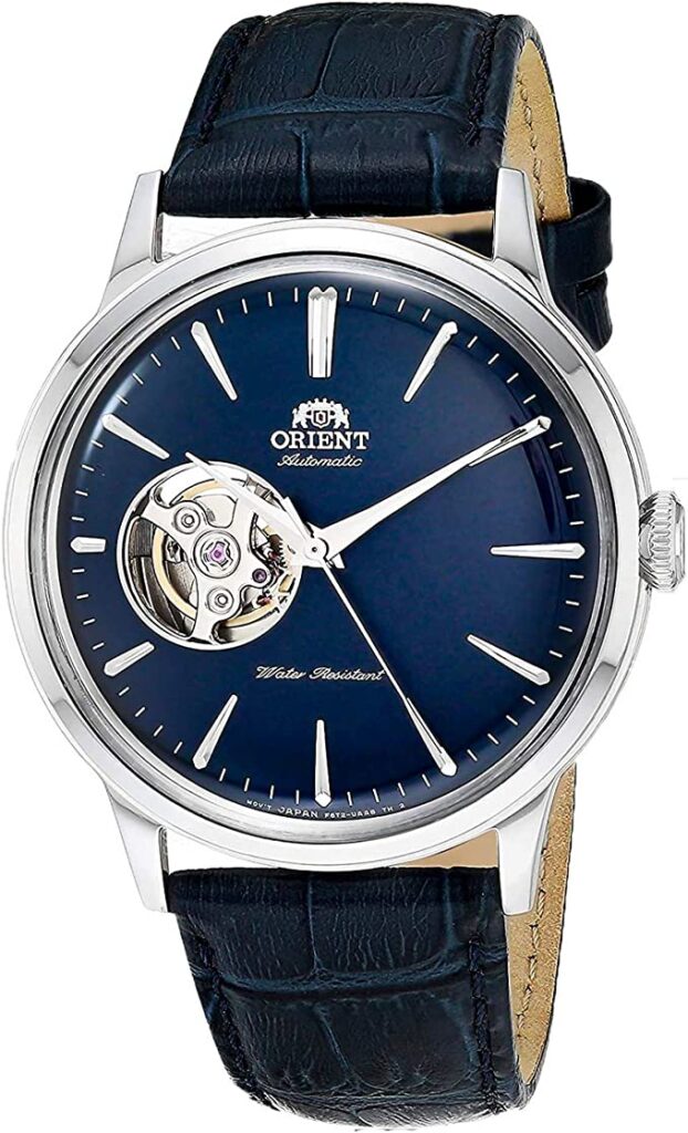 Orient 'Bambino Open Heart' Japanese Automatic Stainless Steel and Leather Dress Watch