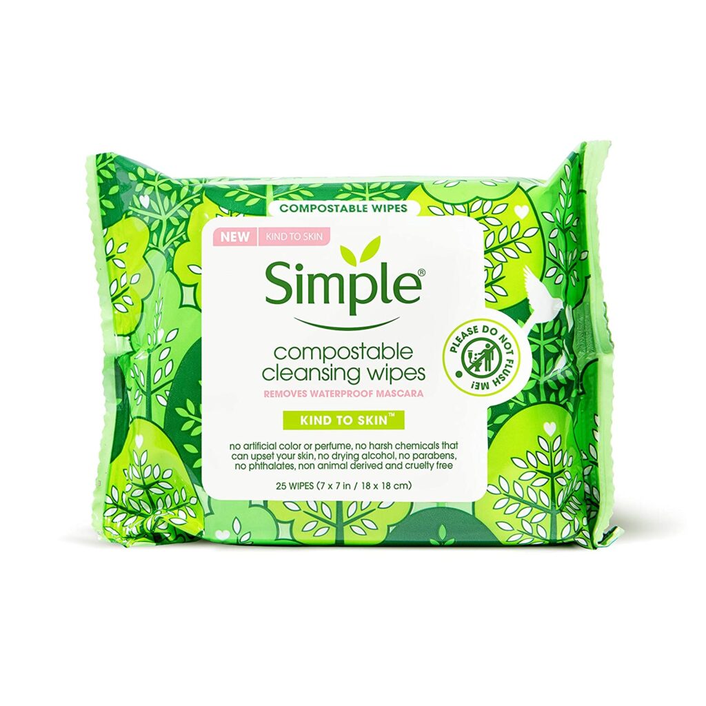 Simple Compostable Cleansing Wipes Facial Wipes for Removing Makeup Kind to Skin No Artificial Perfume or Color, Paraben Free, Phthalate Free 25 Wipes