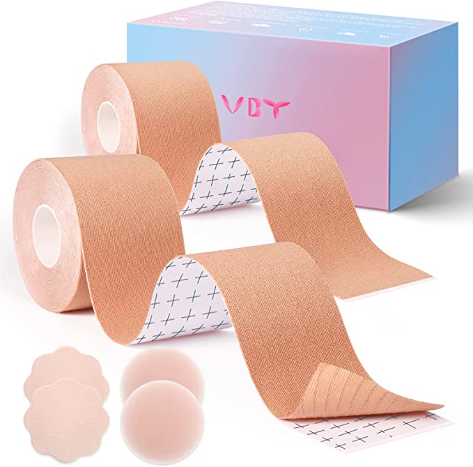  Boob Tape - Breast Lift Tape, Body Tape for Breast Lift w 2 Pcs Silicone Breast Petals Reusable Adhesive Bra& 2 Pcs Fabric Nipple Covers, Bob Tape for Large Breasts A-G Cup, Nude