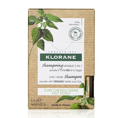Klorane Oil Control 2-in-1 Mask Shampoo Powder with Nettle and Clay for Oily Hair and Scalp, Deep Cleansing Powder-to-Foam Treatment - Paraben, Silicone and Sulfate Free, Biodegradable, Vegan