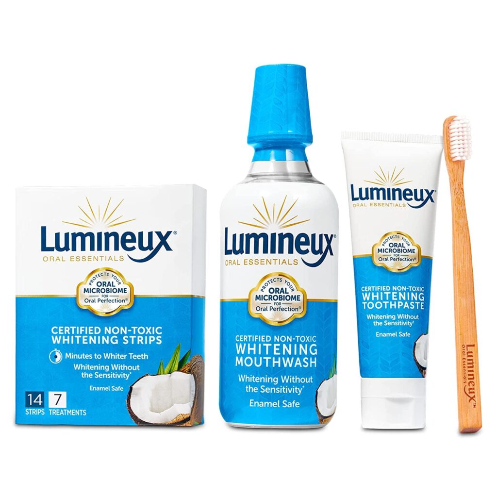 Lumineux Teeth Whitening Kit - Enamel Safe for Whiter Teeth - Includes 7 Whitening Treatments, 1 Mouthwash, 1 Toothpaste & 1 Bamboo Toothbrush