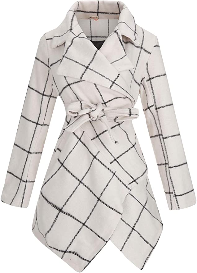 PLREOSEVNTE Women's Turn Down Collar Grid Coat Belted Wool Blend Coat Asymmetric Hem Wrap Coat