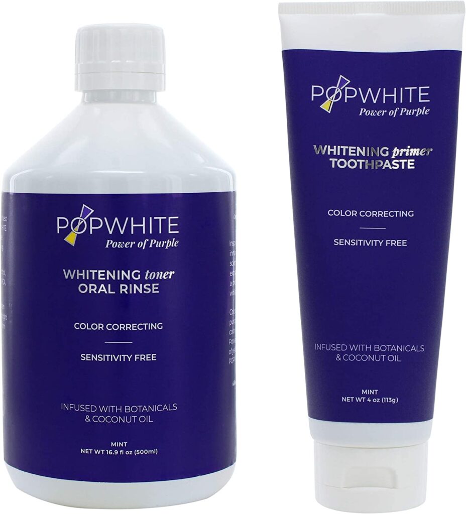 POPWHITE Purple Power Duo Natural Teeth Whitening with 4 oz Primer Toothpaste and 16.9 oz Whitening Toner Oral Rinse, Vegan and PETA Certified, Mint Flavor