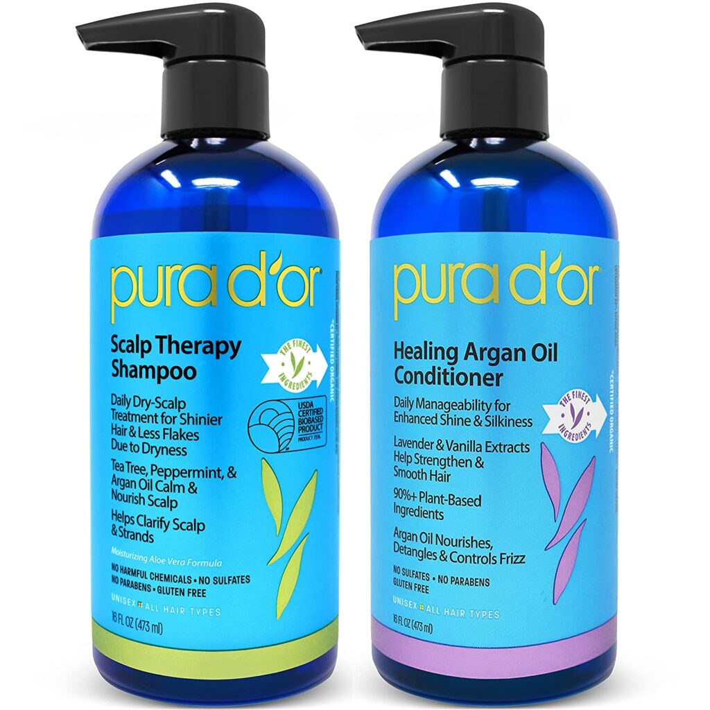 PURA D'OR Scalp Therapy Shampoo & Healing Conditioner Set (16oz x 2) For Dry, Itchy Scalp - Hydrates & Nourishes Hair with Tea Tree, Argan Oil & Biotin, All Hair Types, Men Women (Packaging May Vary)