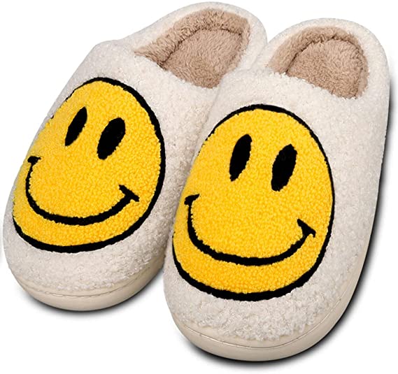 Smiley Face Slippers,Retro Soft Plush Lightweight House Slippers Slip-on Cozy Indoor Outdoor Slippers,Slip on Anti-Skid Sole