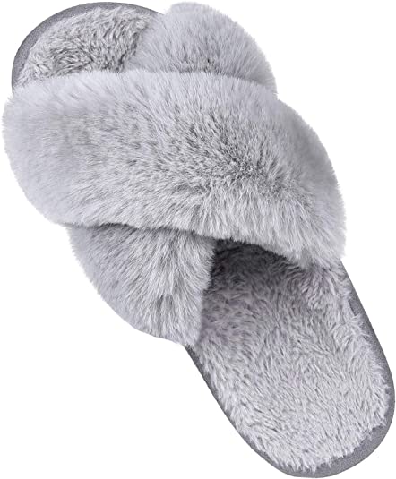 Women's Soft Plush Lightweight House Slippers Fuzzy Cross Band Slip on Open Toe Cozy Indoor Outdoor Slippers