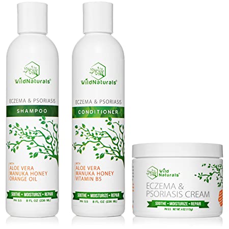 Wild Naturals Eczema Psoriasis Bundle - Shampoo + Conditioner + Cream, for Dry, Itchy Skin and Scalp Relief, With Manuka Honey, For Adults and Baby