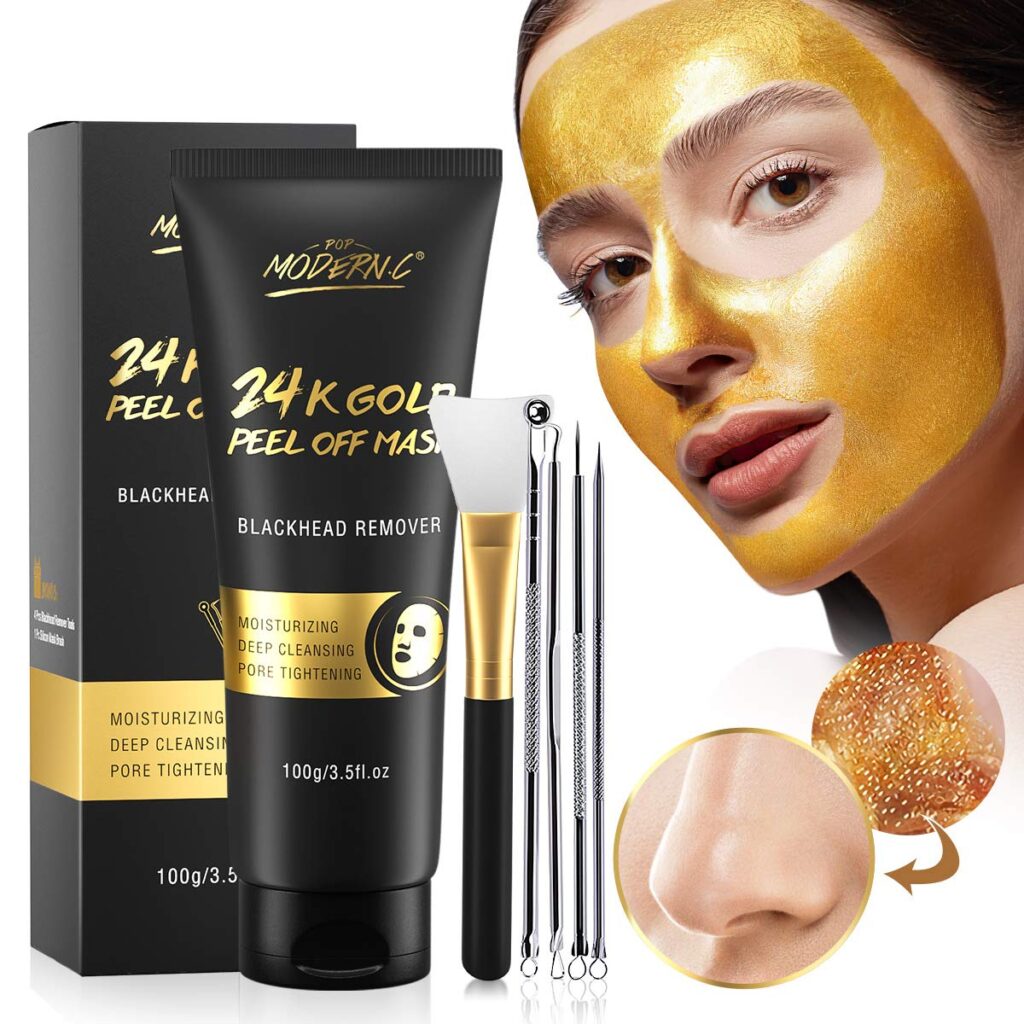 Blackhead Remover Mask, 24K Gold Peel Off Mask, Gold Facial Mask Anti-Aging, Deep Cleansing, Reduces Fine Lines＆ Wrinkles Great for All Skin, With Blackhead Remover Extractor Tools Kit & Mask Brush