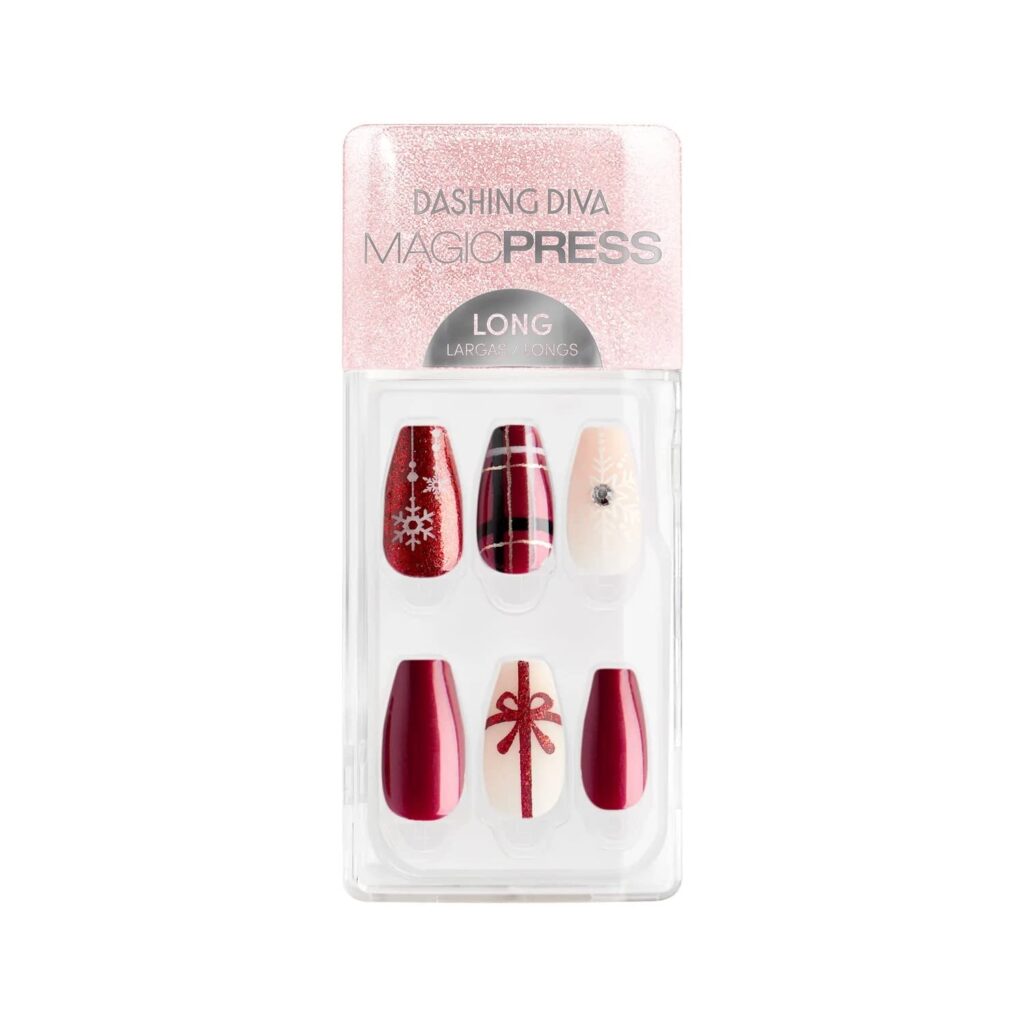Dashing Diva Magic Press Holiday Nails - Present Party | Long, Coffin Press On Nails | Long Lasting Stick On Gel Nails | Lasts Up to 7 Days | Contains 30 Stick On Nails, 1 Prep Pad, 1 File