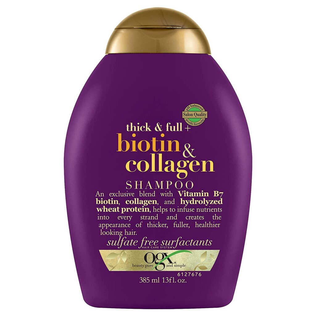 OGX Thick & Full + Biotin & Collagen Volumizing Shampoo for Thin Hair, Thickening Shampoo with Vitamin B7 & Hydrolyzed Wheat Protein, Paraben-Free, Sulfate-Free Surfactants,