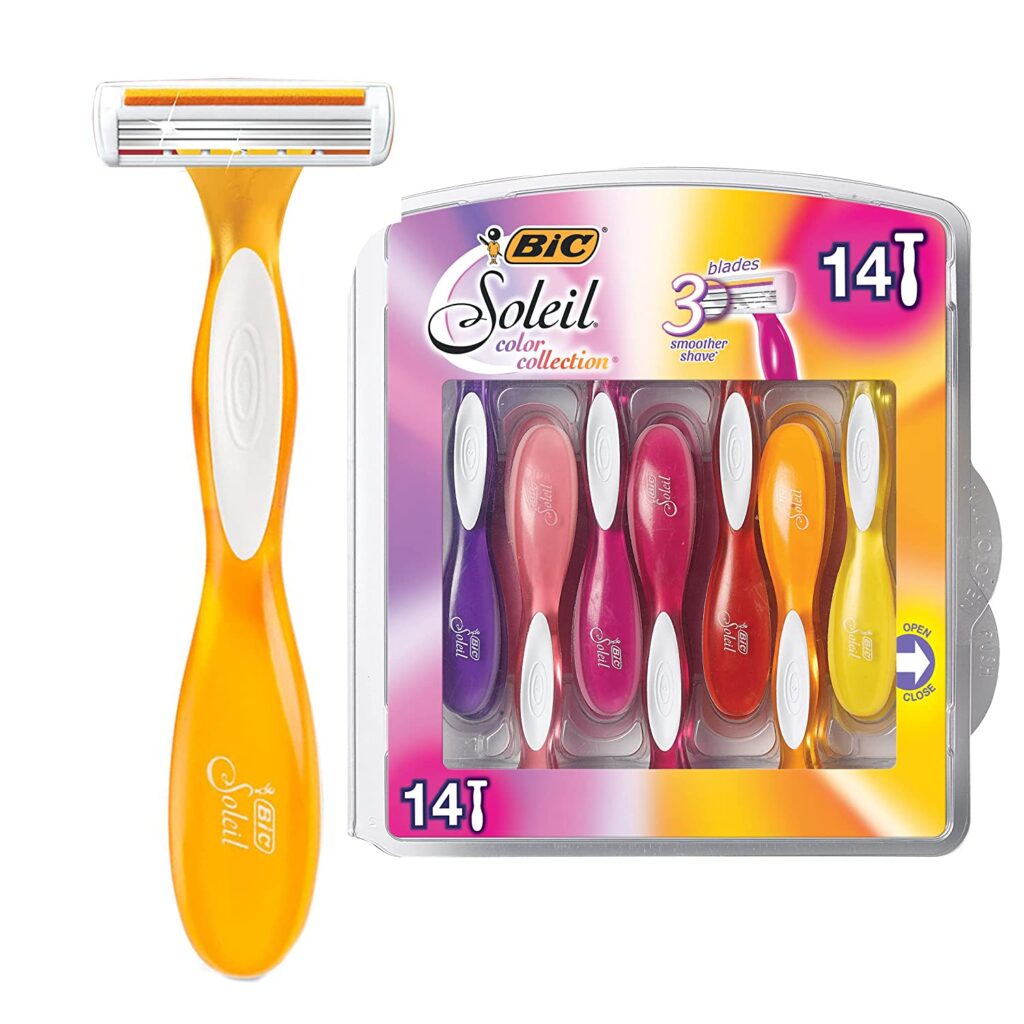 BIC Soleil Smooth Colors Women's Disposable Razors With Aloe Vera and vitamin E Lubricating Strip for Enhanced Glide, With 3 Blades, 14 Count