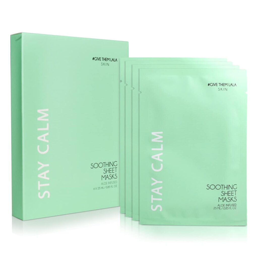 GIVE THEM LALA STAY CALM Soothing Sheet Mask [Set of 4] Calming Face Sheet Masks With Aloe Vera & Chamomile- Moisturizing Facial Sheet Masks For Smoother, Hydrated Skin- Cruelty-Free,