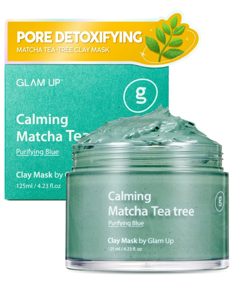 Glam Up - Calming Matcha Tea tree Clay Mask - Vegan Face Mask, Deep Cleansing, Calming Clay Mask for acne, Gentle Exfoliating Pore Purifying Skincare Face Mask, Acne Treatment, Blackhead remover