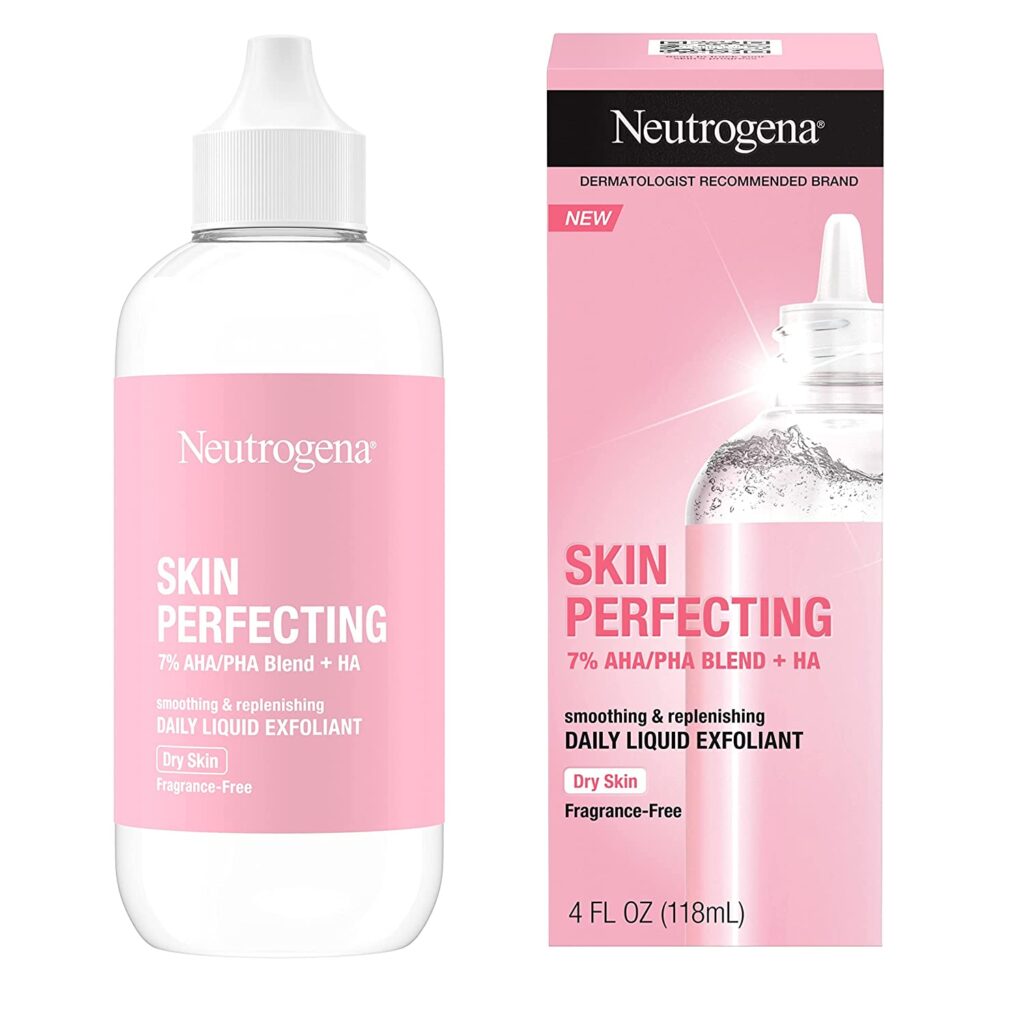Neutrogena Skin Perfecting Daily Liquid Facial Exfoliant with 7% AHA/PHA Blend + HA to Smooth, Exfoliate & Replenish Dry Skin, Leave-On Face Exfoliator, Oil- & Fragrance-Free