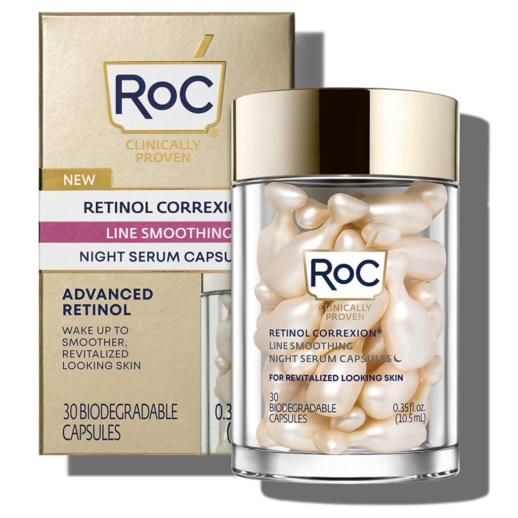 RoC Retinol Correxion Anti-Aging Wrinkle Night Serum, Daily Line Smoothing Skin Care Treatment for Fine Lines, Dark Spots, Post-Acne Scars, 30 Individual Capsules, Unscented
