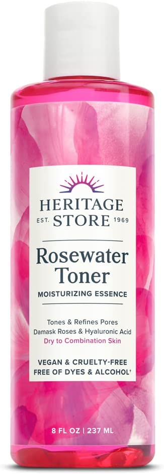 Heritage Store Rosewater Facial Toner with Hyaluronic Acid, Dry to Combination Skin Care, Hydrating Toner Refines Pores & Minimizes The Appearance of Fine Lines & Wrinkles, Alcohol Freeǂ, Vegan