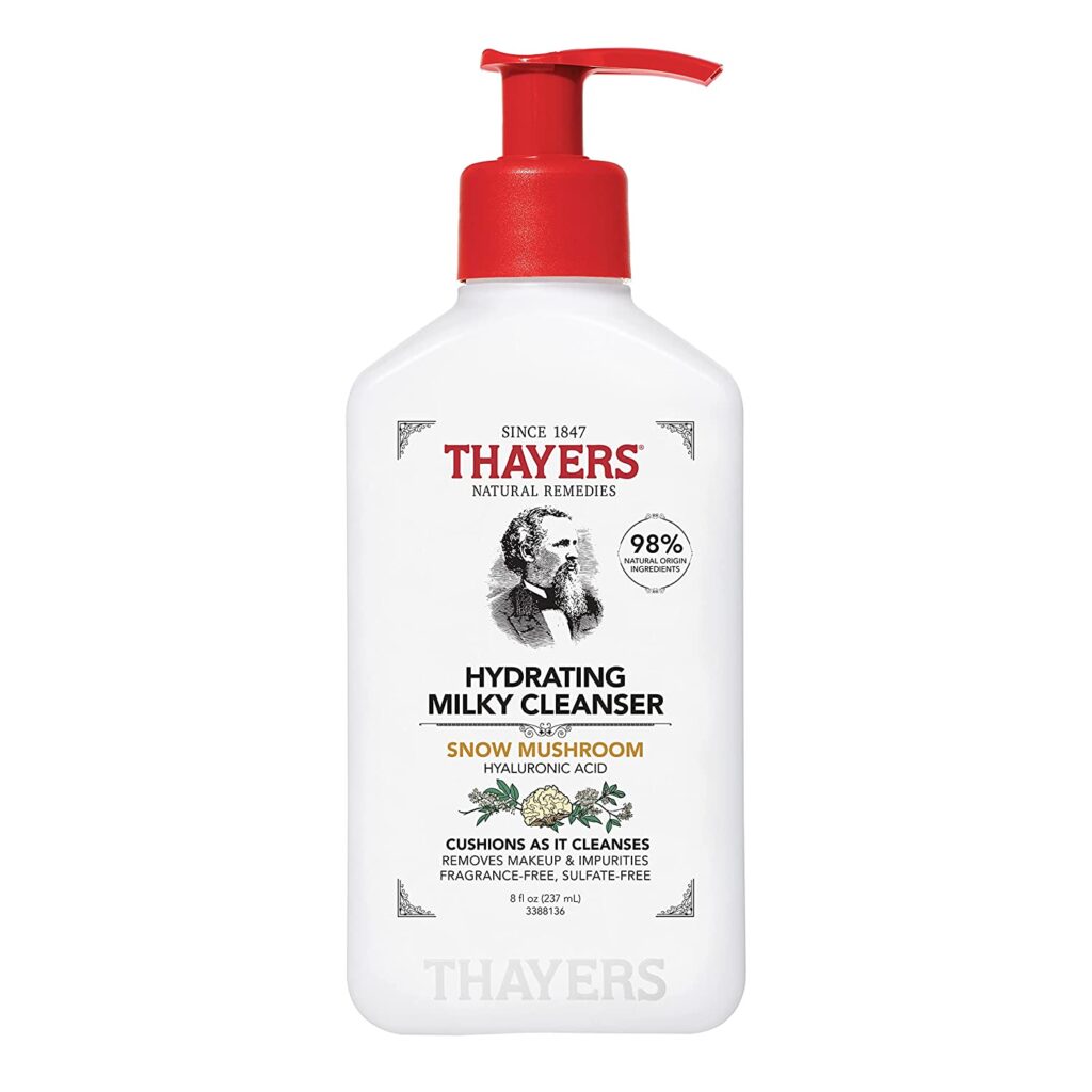 THAYERS Milky Hydrating Face Cleanser with Snow Mushroom and Hyaluronic Acid, Dermatologist Recommended Gentle Facial Wash and Hydrating Skincare for Dry and Sensitive Skin, Paraben Free,